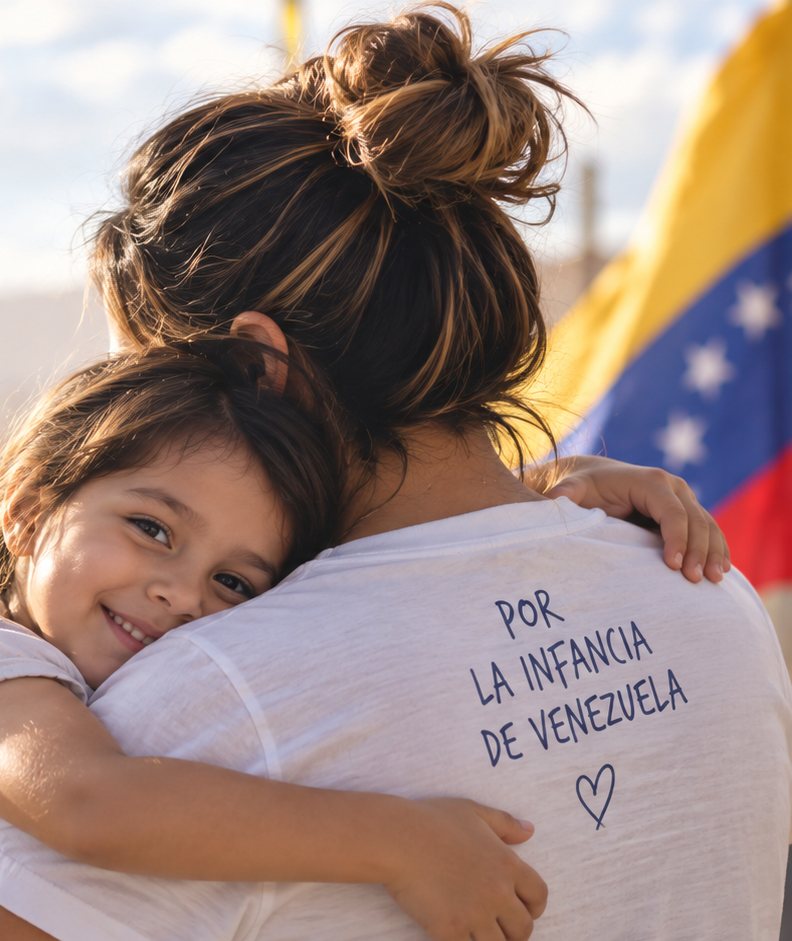 Una mamá abraza a una niña frente a la bandera de Venezuela